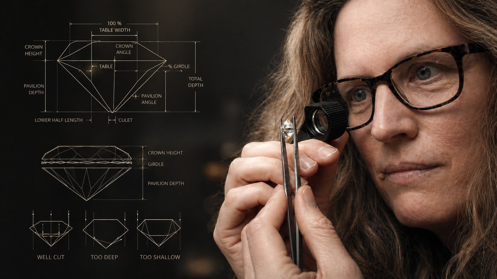 Anja Swarup, Founder of B Exclusive, examining a diamond through a loupe with a technical cut diagram alongside